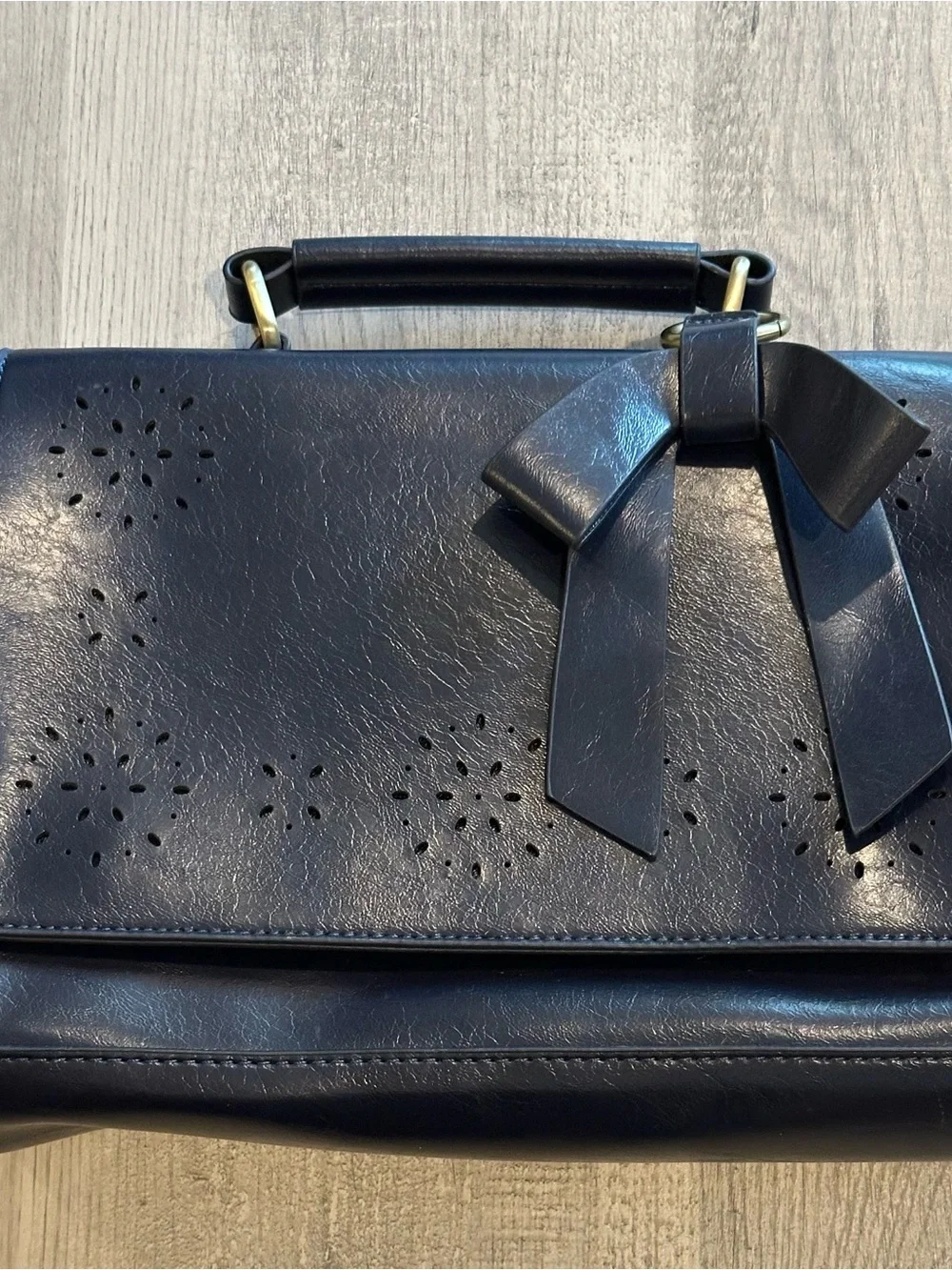 Walasa Pocketful of Sunshine Navy Leather Bow Satchel Crossbody Bag
